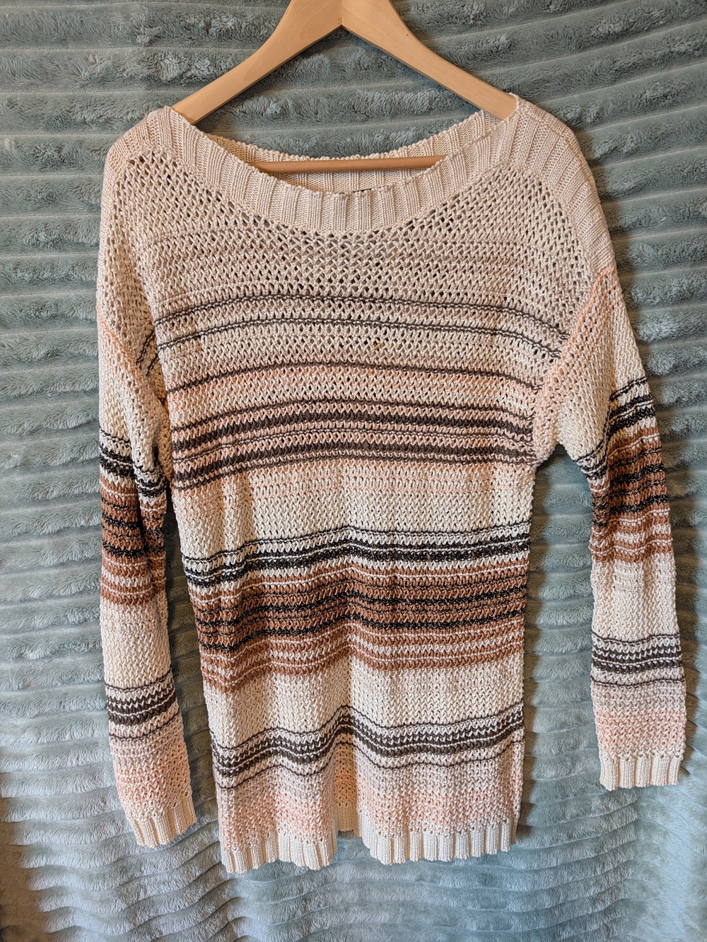 Pendleton Cream Striped Scoop-Neck Open Weave Knit Sweater